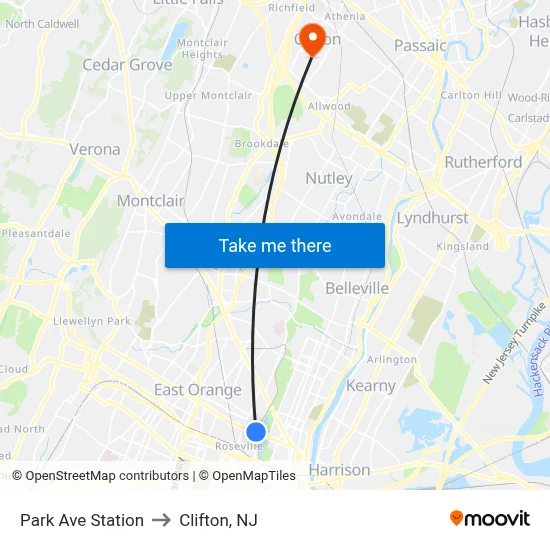 Park Ave Station to Clifton, NJ map