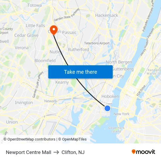 Newport Centre Mall to Clifton, NJ map