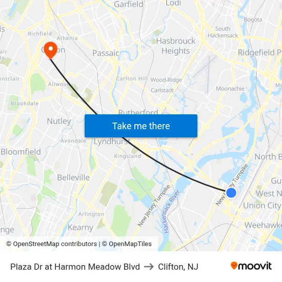 Plaza Dr at Harmon Meadow Blvd to Clifton, NJ map