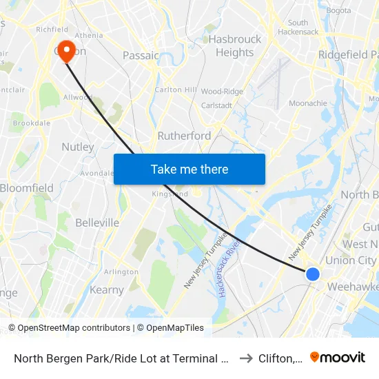 North Bergen Park/Ride Lot at Terminal Building B to Clifton, NJ map