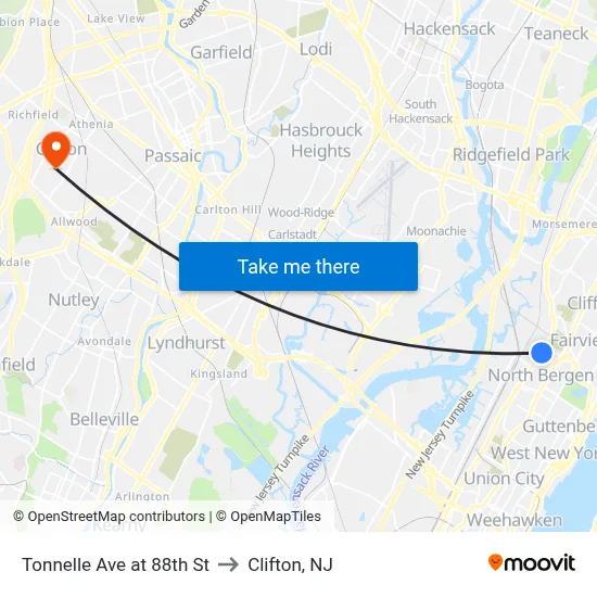 Tonnelle Ave at 88th St to Clifton, NJ map