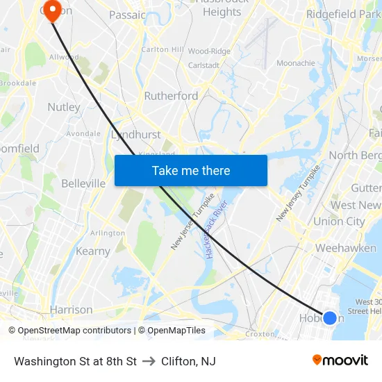 Washington St at 8th St to Clifton, NJ map