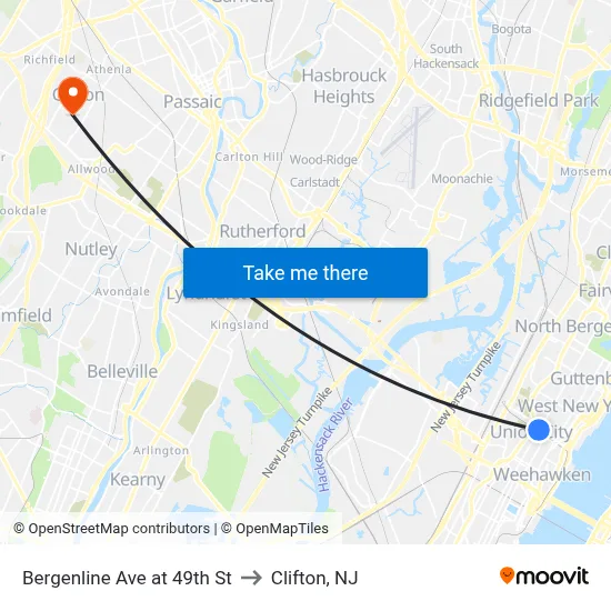 Bergenline Ave at 49th St to Clifton, NJ map