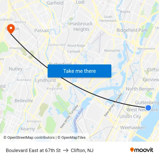Boulevard East at 67th St to Clifton, NJ map