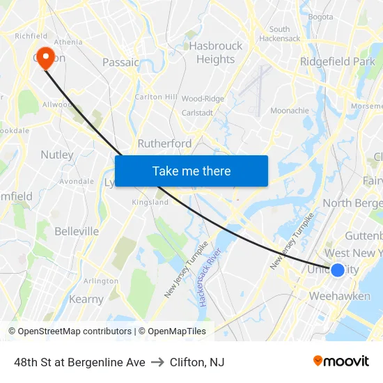 48th St at Bergenline Ave to Clifton, NJ map