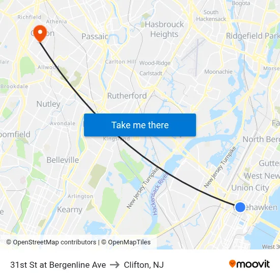 31st St at Bergenline Ave to Clifton, NJ map
