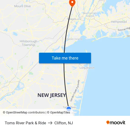 Toms River Park & Ride to Clifton, NJ map