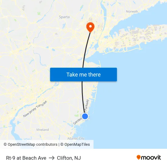 Rt-9 at Beach Ave to Clifton, NJ map