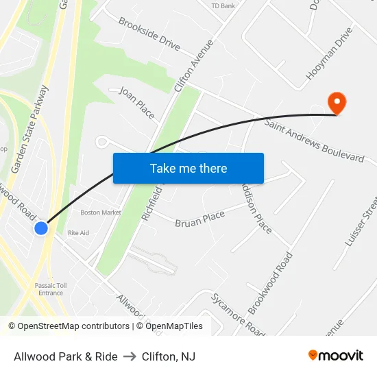 Allwood Park & Ride to Clifton, NJ map
