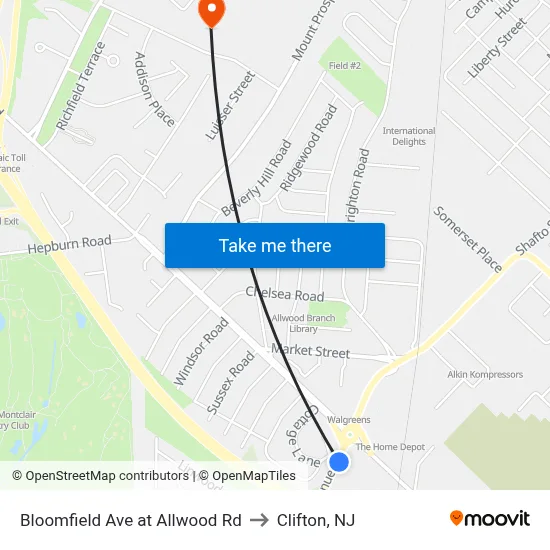 Bloomfield Ave at Allwood Rd to Clifton, NJ map