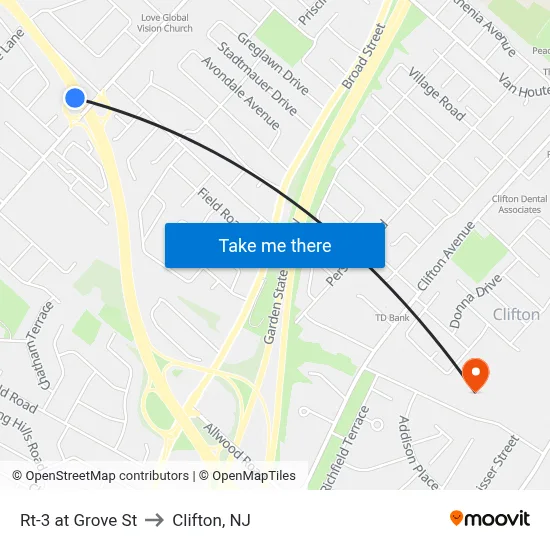 Rt-3 at Grove St to Clifton, NJ map