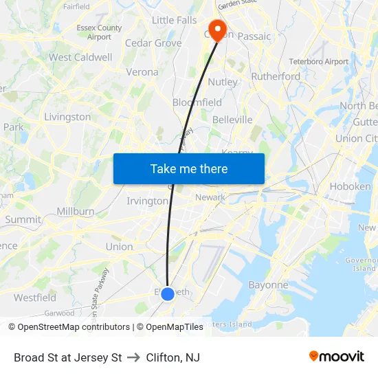 Broad St at Jersey St to Clifton, NJ map