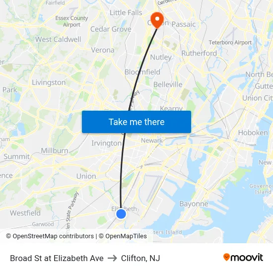 Broad St at Elizabeth Ave to Clifton, NJ map