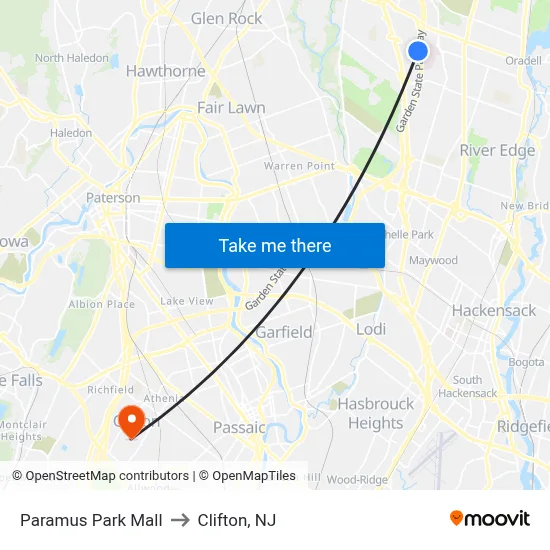 Paramus Park Mall to Clifton, NJ map