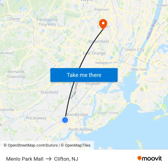 Menlo Park Mall to Clifton, NJ map