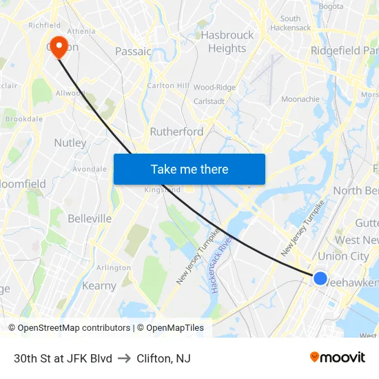 30th St at JFK Blvd to Clifton, NJ map