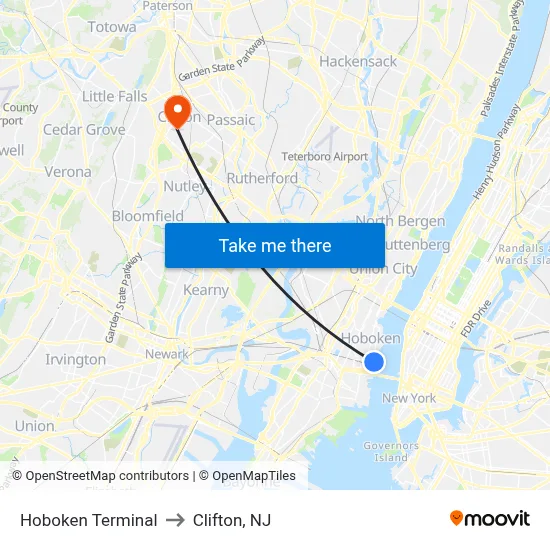 Hoboken Terminal to Clifton, NJ map