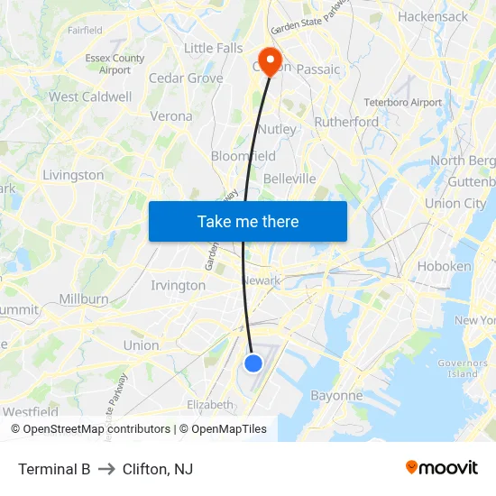 Terminal B to Clifton, NJ map