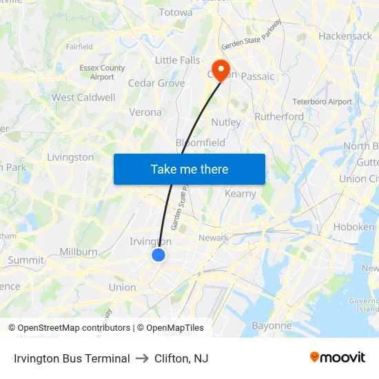 Irvington Bus Terminal to Clifton, NJ map