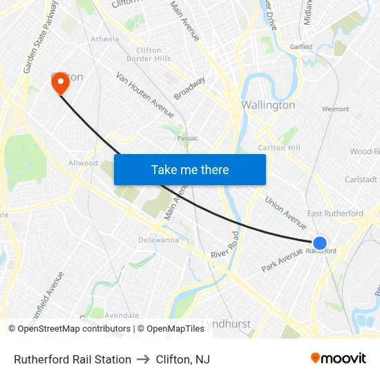 Rutherford Rail Station to Clifton, NJ map