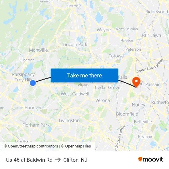Us-46 at Baldwin Rd to Clifton, NJ map