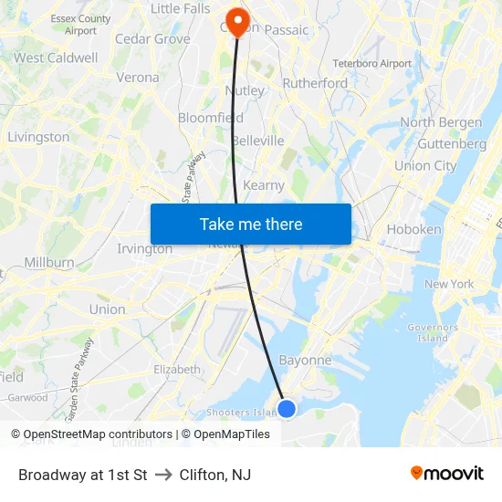 Broadway at 1st St to Clifton, NJ map