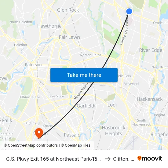 G.S. Pkwy Exit 165 at Northeast Park/Ride Lot to Clifton, NJ map