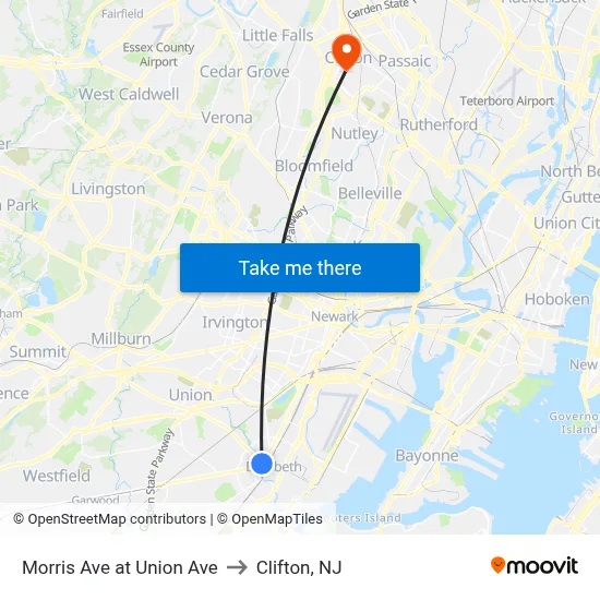 Morris Ave at Union Ave to Clifton, NJ map