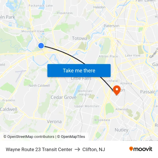 Wayne Route 23 Transit Center to Clifton, NJ map