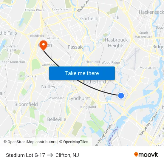 Stadium Lot G-17 to Clifton, NJ map