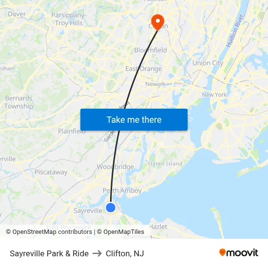 Sayreville Park & Ride to Clifton, NJ map