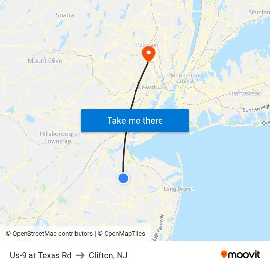 Us-9 at Texas Rd to Clifton, NJ map