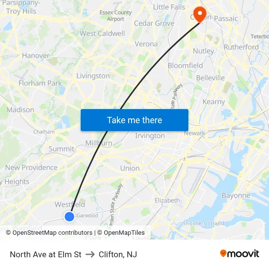 North Ave at Elm St to Clifton, NJ map