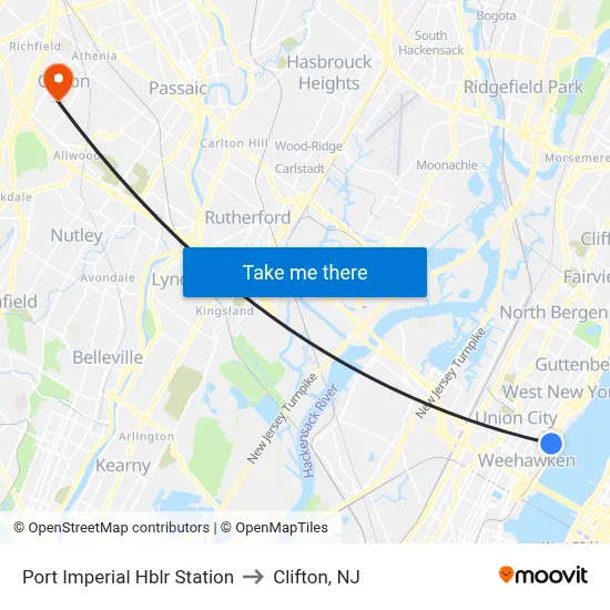 Port Imperial Hblr Station to Clifton, NJ map