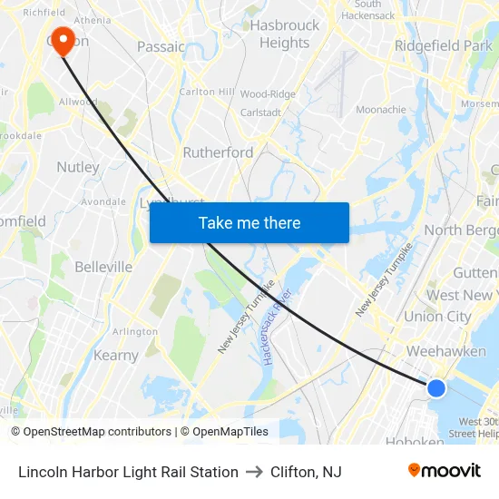 Lincoln Harbor Light Rail Station to Clifton, NJ map