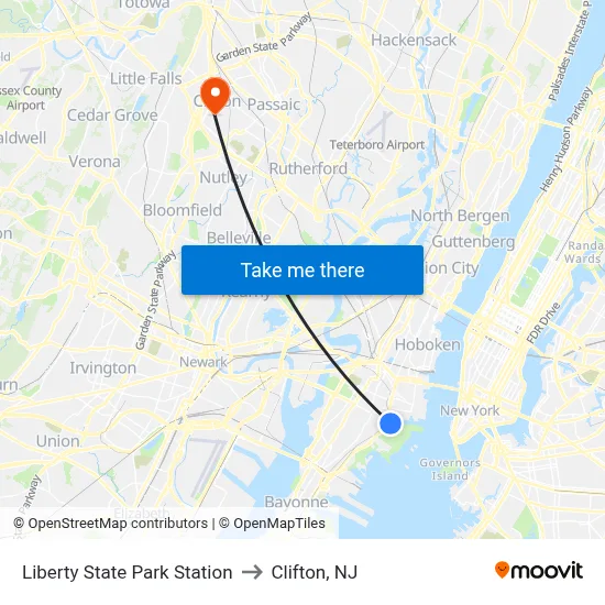 Liberty State Park Station to Clifton, NJ map