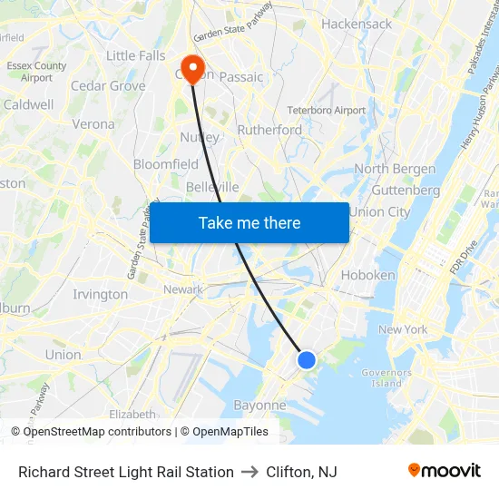 Richard Street Light Rail Station to Clifton, NJ map