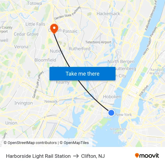 Harborside Light Rail Station to Clifton, NJ map