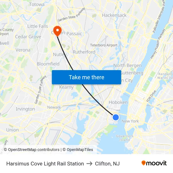 Harsimus Cove Light Rail Station to Clifton, NJ map