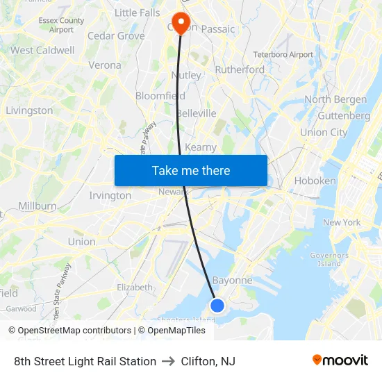 8th Street Light Rail Station to Clifton, NJ map