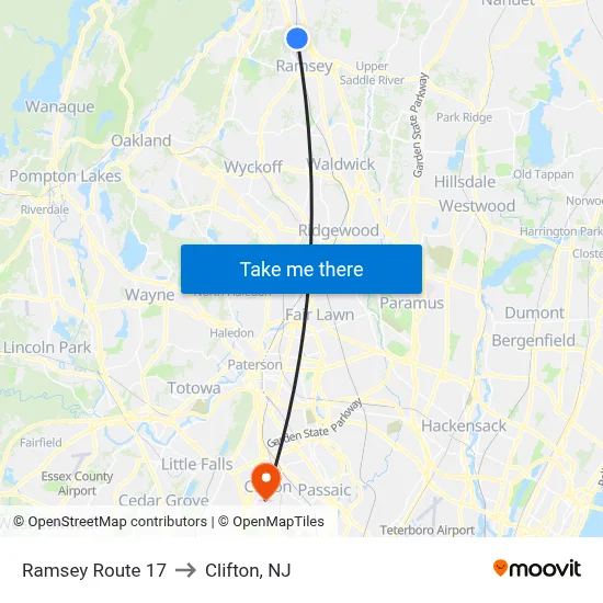 Ramsey Route 17 to Clifton, NJ map