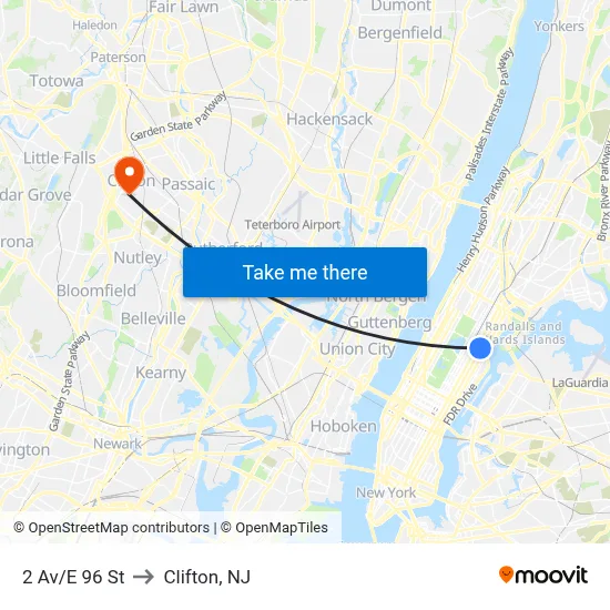2 Av/E 96 St to Clifton, NJ map