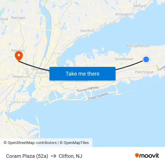 Coram Plaza (52a) to Clifton, NJ map