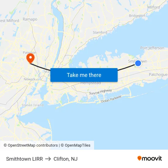 Smithtown LIRR to Clifton, NJ map