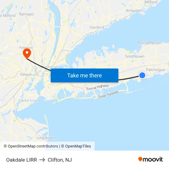 Oakdale LIRR to Clifton, NJ map