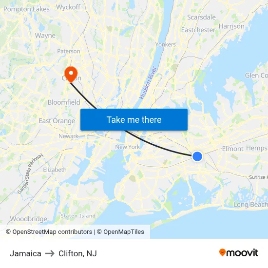 Jamaica to Clifton, NJ map