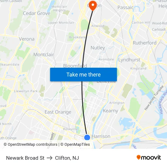 Newark Broad St to Clifton, NJ map