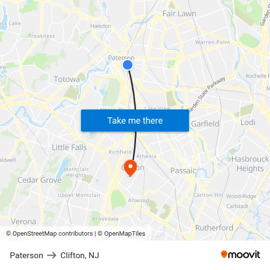 Paterson to Clifton, NJ map