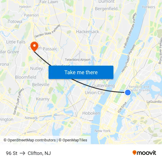 96 St to Clifton, NJ map