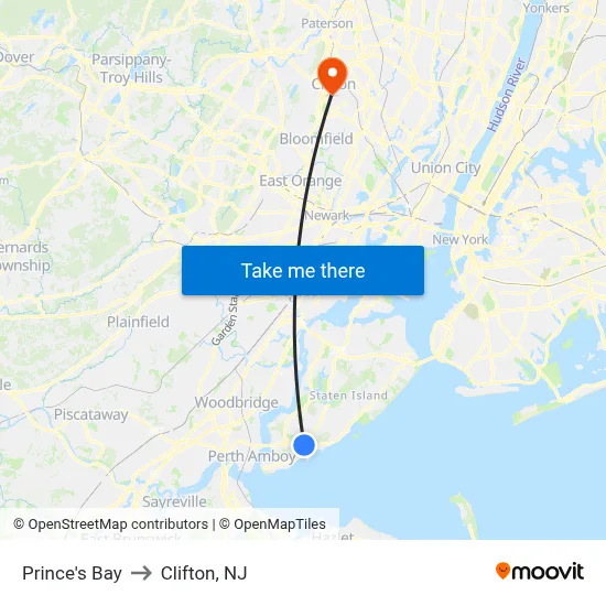 Prince's Bay to Clifton, NJ map